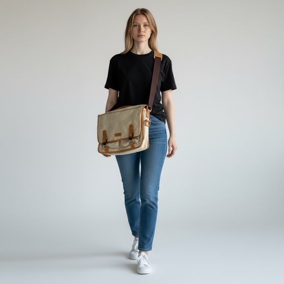 New BODHI laptop satchel messenger bag tan and brown - Picture 2 of 13